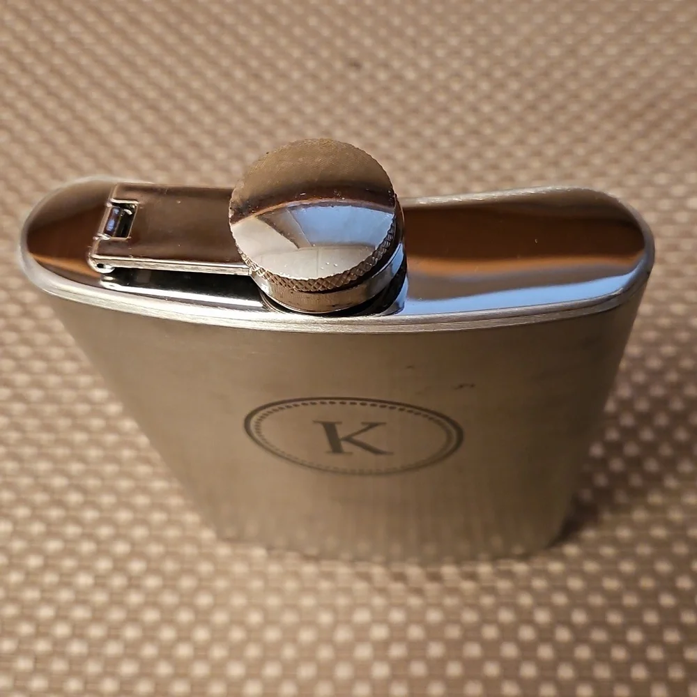 Vintage Stainless Steel Monogrammed Flask K Attached Screw Top Lid 8oz